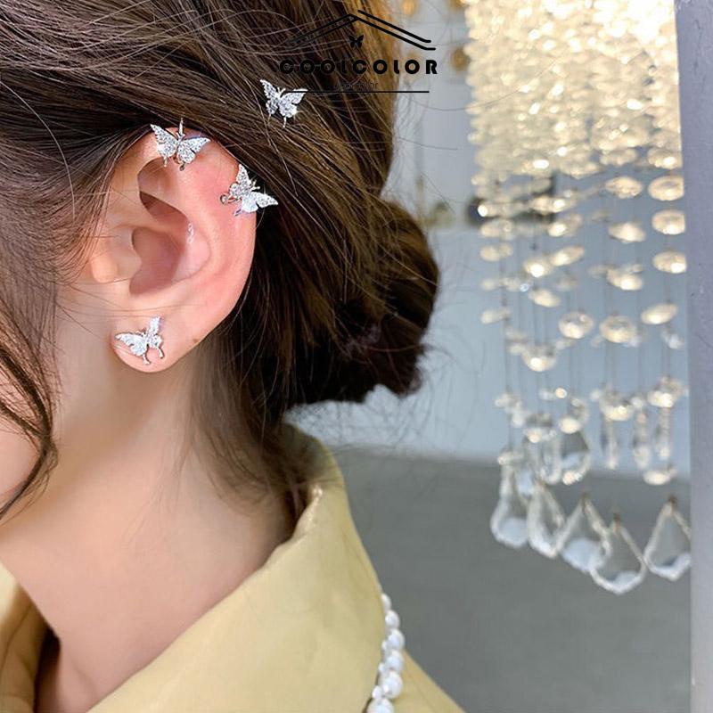 COD❤️1sepasang Anting Tindik Klip Telinga Wanita Kupu-kupu Kecil Anti Alergi Dan Anti Karat Penuh Berlian Mengkilap Kancing Telinga Aksesoris Fashion Korea Impor Murah