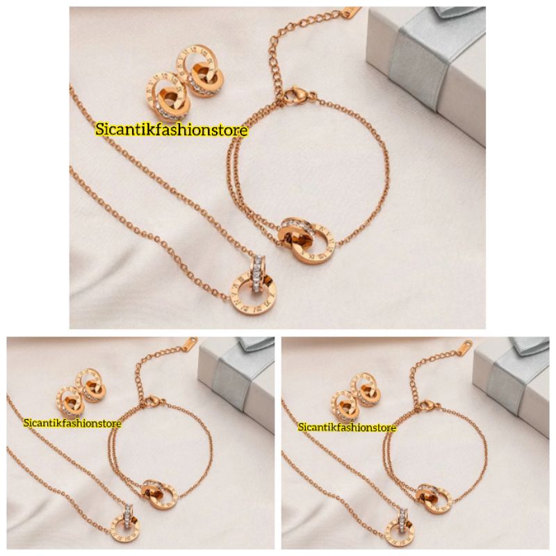 Perhiasan Set Titanium Wanita Kalung Gelang Anting Model Ring Warna Rose Gold Terlaris Anti Karat selamanya Perhiasan Wanita Dewasa Terbaru Kekinian Mewah