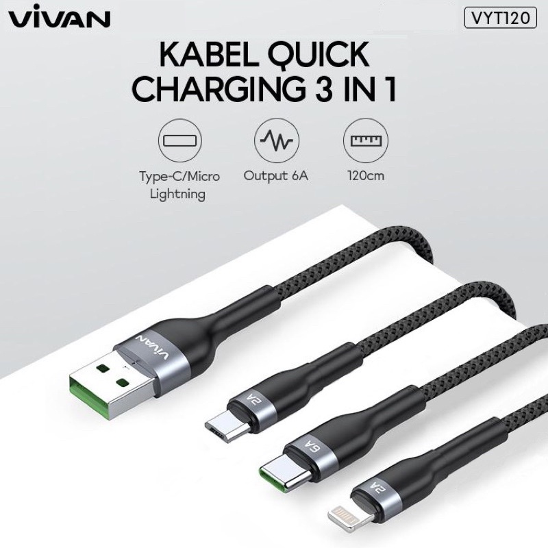 (VIVAN VYT) Kabel Data 3in1 Fast Charger (Micro/ Type C/ iPhone) Quick Charge 65W