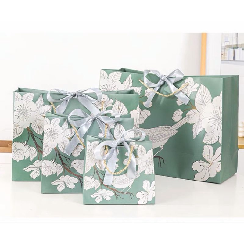 PAPER BAG MEWAH MOTIF CANTIK PREMIUM BIRD GREEN + PITA BERBAGAI UKURAN