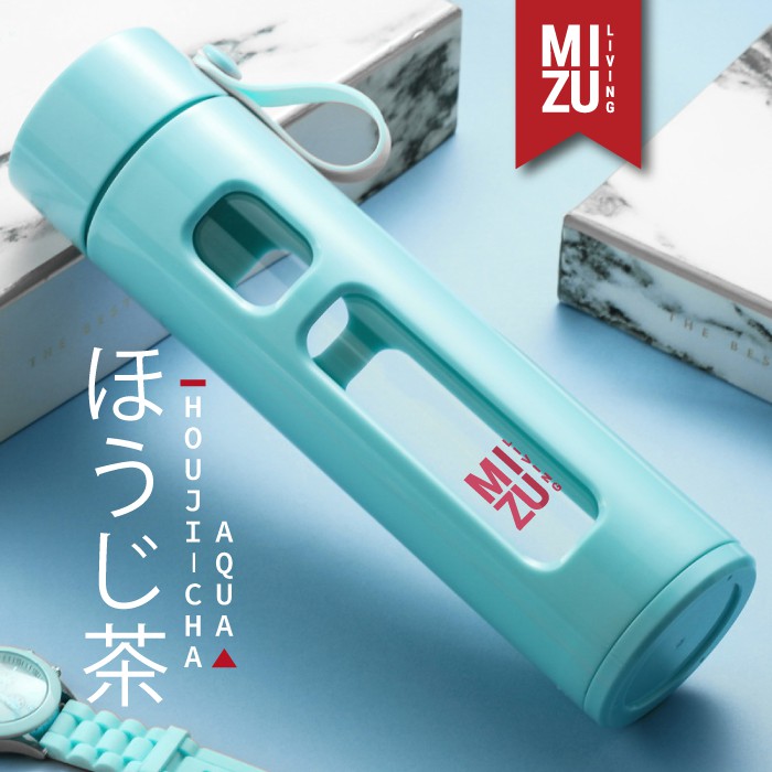 HOUJI-CHA Glass Water Bottle Botol Air Minum Kaca Tumbler 450ml Saringan Teh Infused Water BPA-Free-AQUA