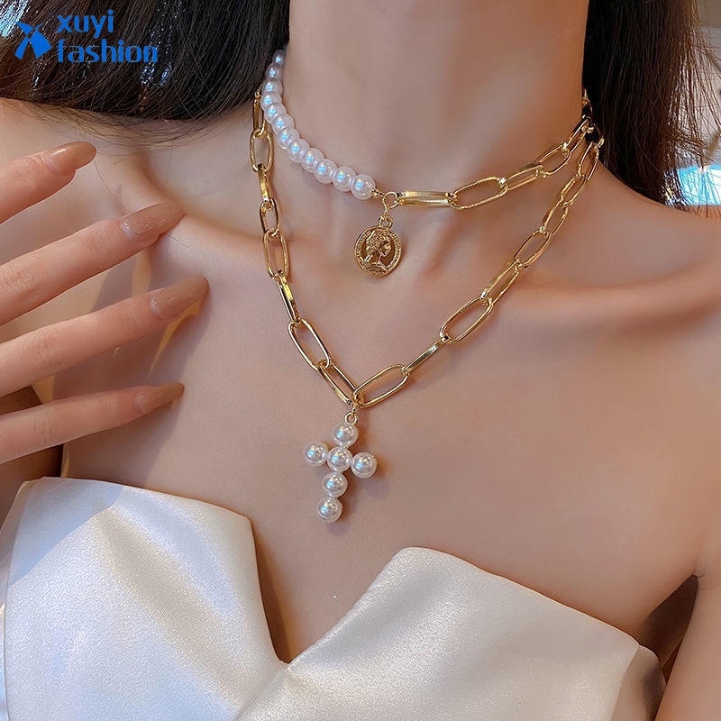 Kalung Rantai Choker Multilayer Liontin Salib Aksen Mutiara Gaya Retro Untuk Wanita