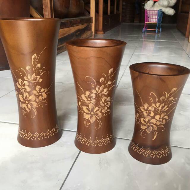  Vas bunga kayu  jati motif Cukit Bunga  set 3 pcs Shopee 