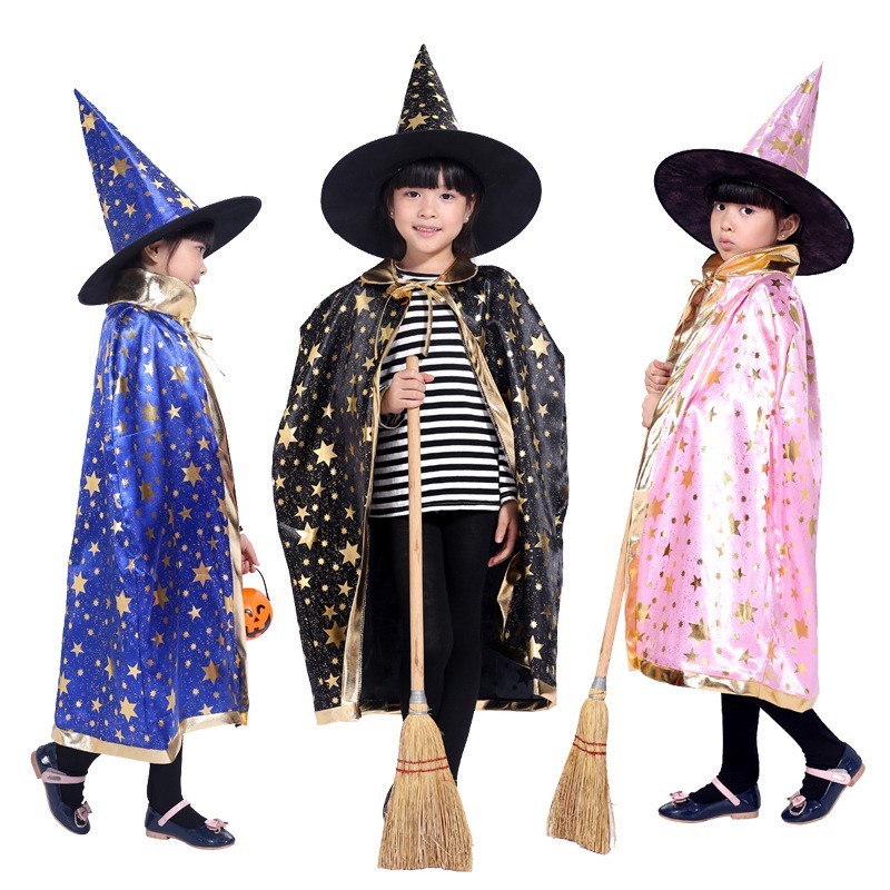 Kostum Halloween Jubah Emas Topi Witch Costume Penyihir Wizard Cosplay