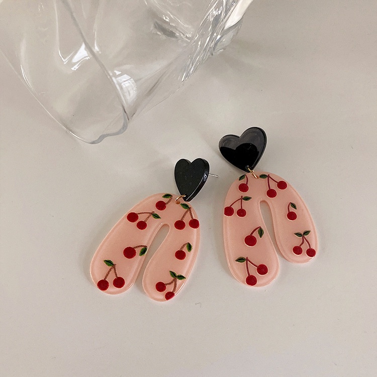 Anting Bentuk Hati Cherry Bahan Akrilik Gaya Retro Korea