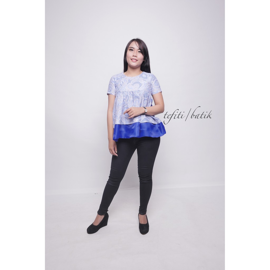 Atasan Blouse Batik Wanita Biru Elektrik