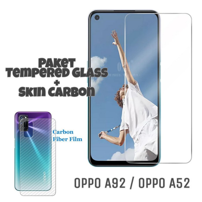 Tempered Glass Oppo A92 / Oppo A52 Paket Back Skin Carbon Handphone Garskin Transparant