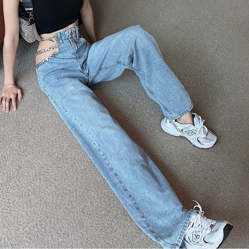 Suhao Net Hong Kong Style Chain High Waist Wide-Legged Jeans Musim Semi dan Musim Panas Straight Slack Slim Fit Pants