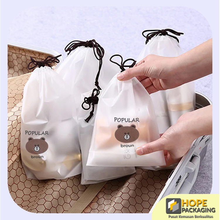 [10 PCS] Travel Pouch Organizer Serbaguna Pouch Serut Motif Beruang Coklat / Pouch Anti Air