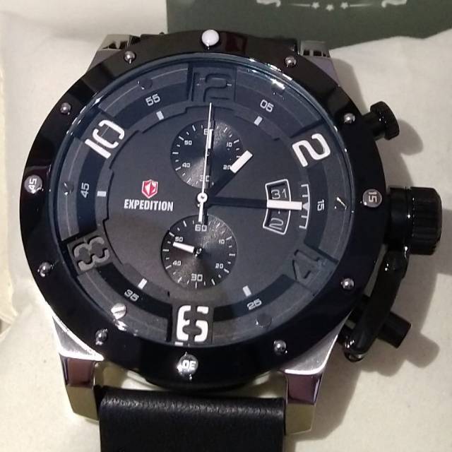 Jam Tangan Expedition E 6381 Black-Silver Men Original with Black Leather