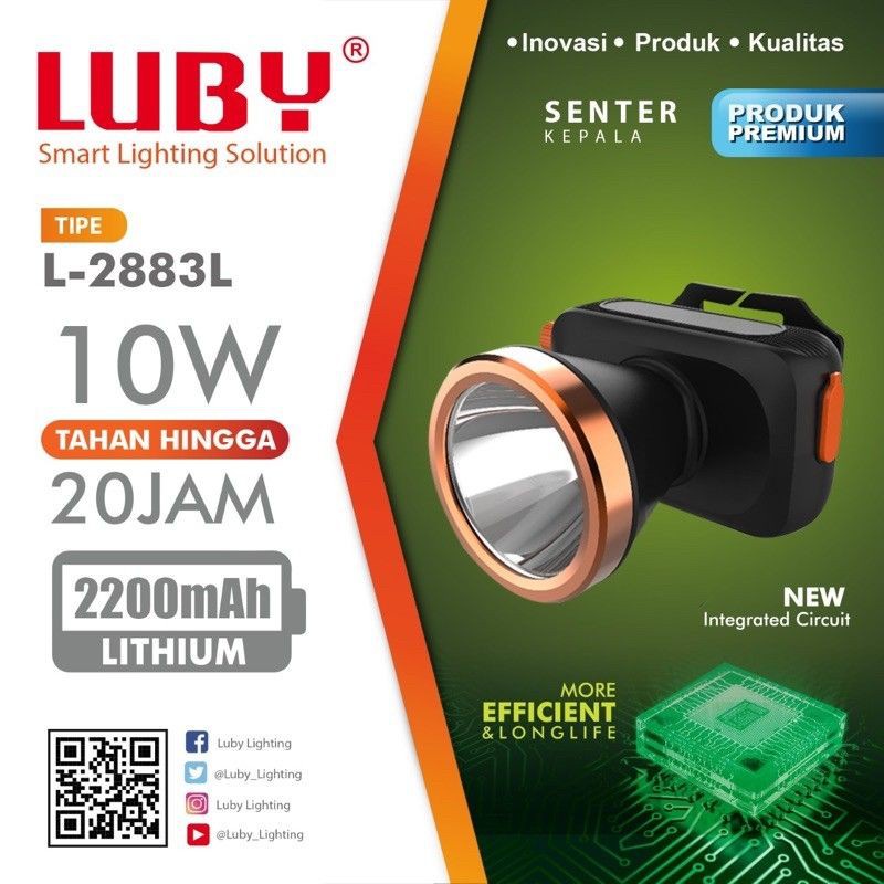 Headlamp Luby LED L2883 senter kepala 10 watt cas ulang