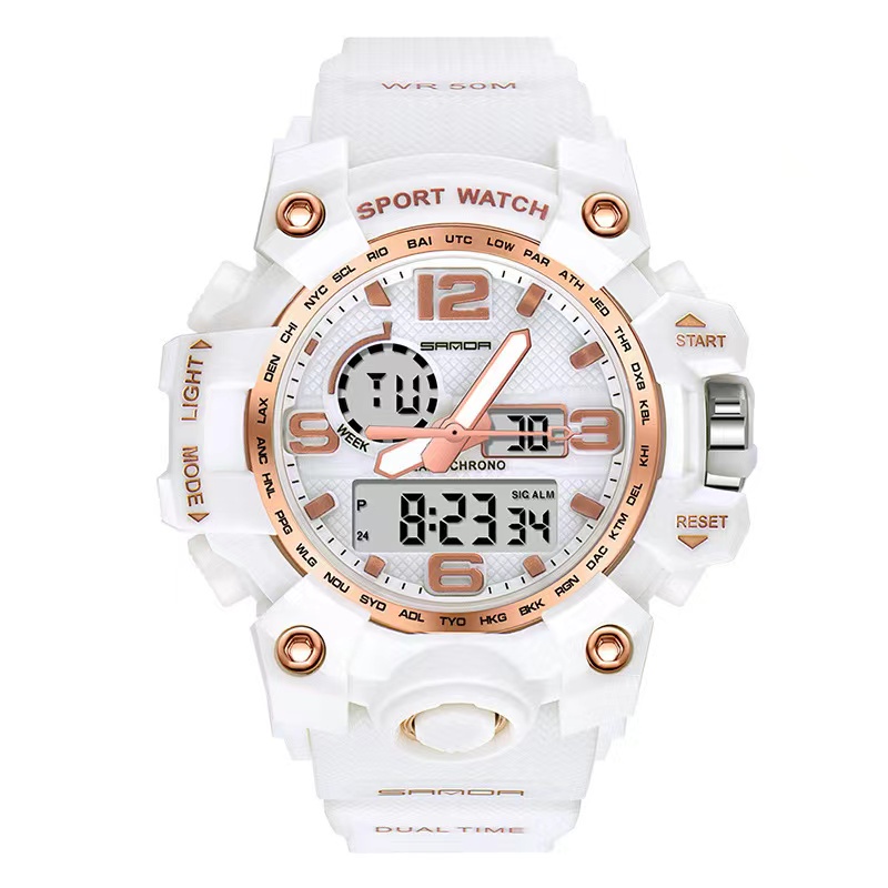 PROMO ANTI AIR RUBBER JAM TANGAN PRIA SPORT FASHION  DUAL-TIME  LIST PUTIH WANITA WATCH FREE G2