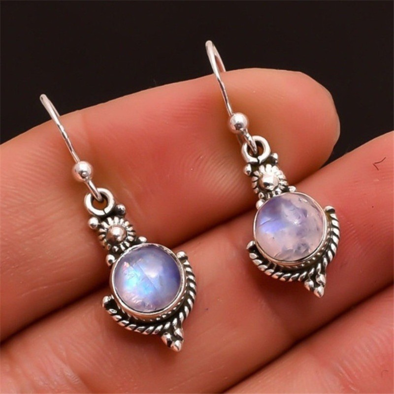 Perhiasan Anting 925 Silver Inlaid Moonstone Gaya Vintage Untuk Hadiah Wanita