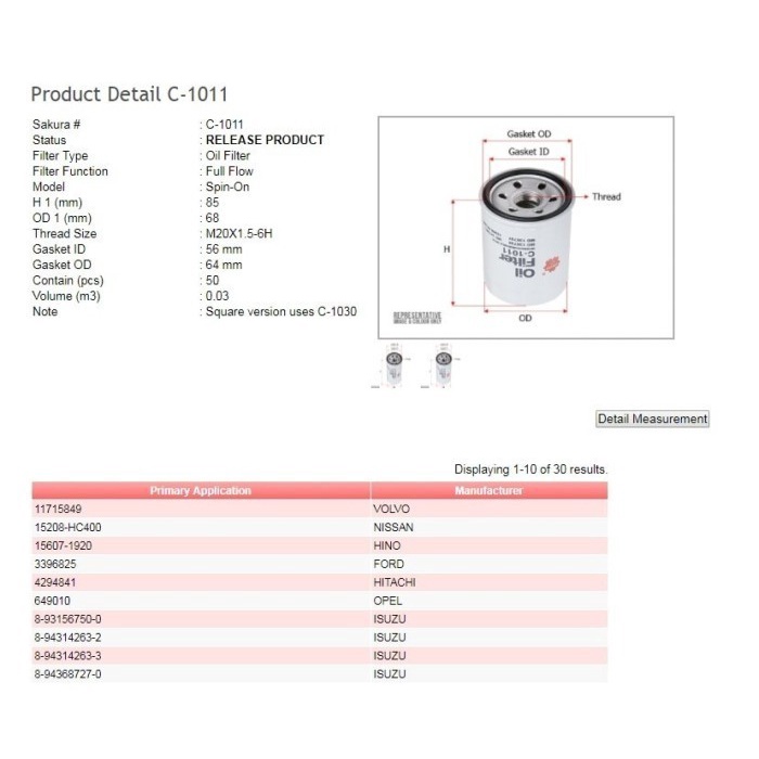 Filter Oli Lancer Eterna Kuda Bensin SAKURA C-1011 Ori