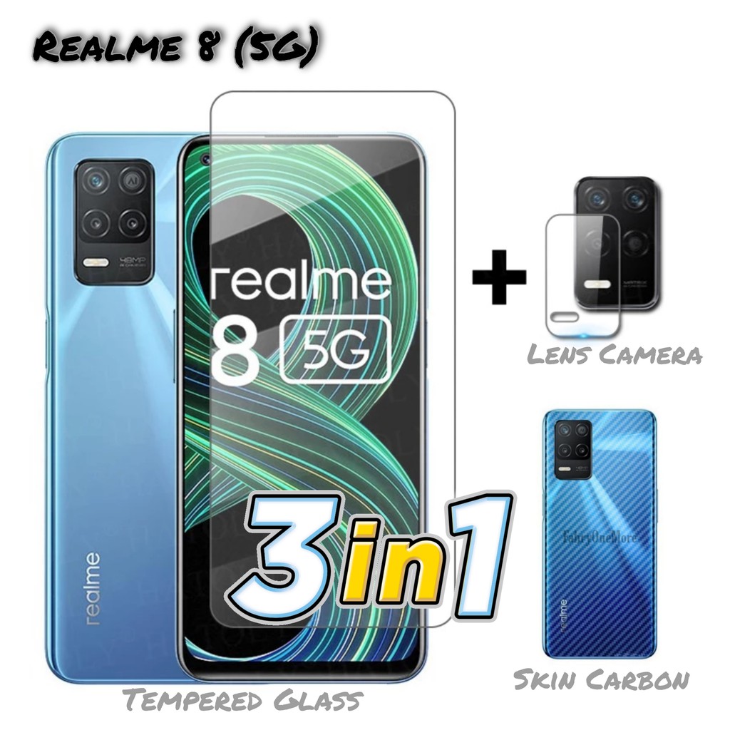 Paket 3in1 Tempered Glass Layar Clear REALME 8 5G Pelindung Kamera dan Skin Handphone Realme 8 5G
