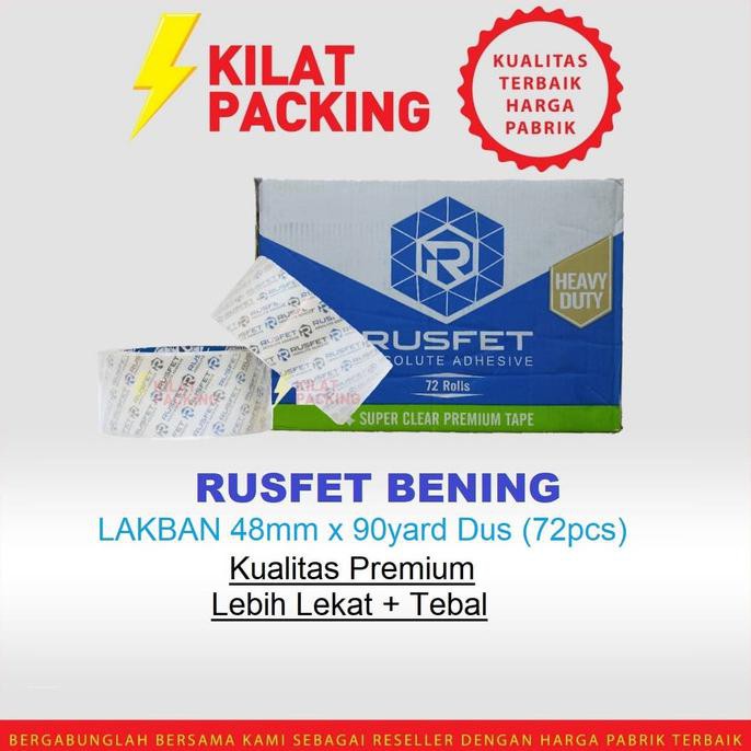 

[[BISA COD]] Lakban Rusfet Bening Premium Quality 48 mm x 90 yard 1 Dus TERBARU Kode 1459