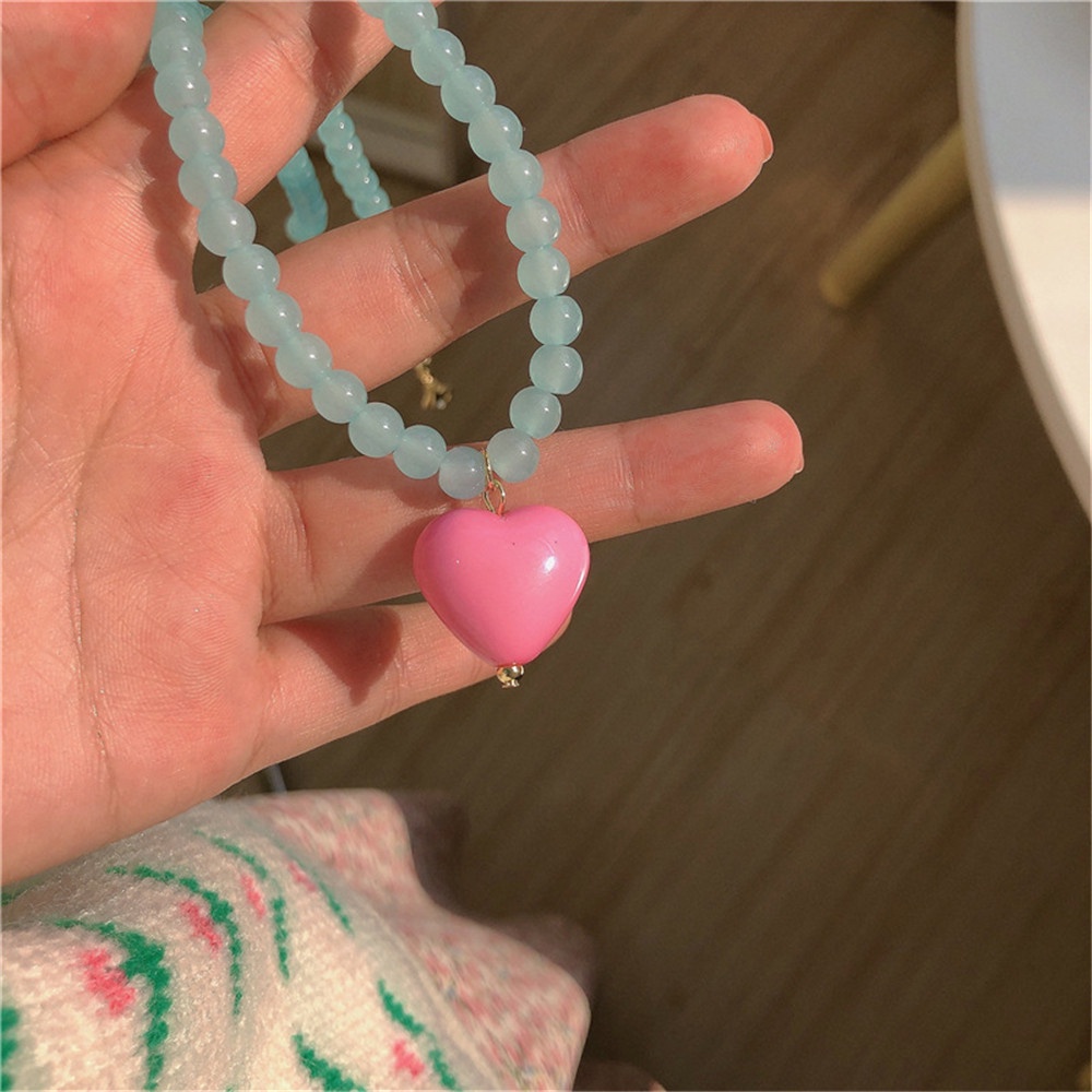 1pc Kalung Liontin Manik-Manik Hati Warna Biru Pink Untuk Wanita