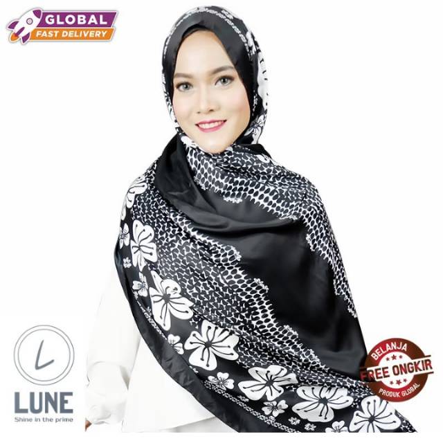 Jilbab satin pashmina black lotus