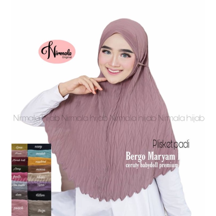 ORI NIRMALA Bergo Plisket Padi Ceruty Babydoll Non pet Hijab instan Maryam Prisket Tali