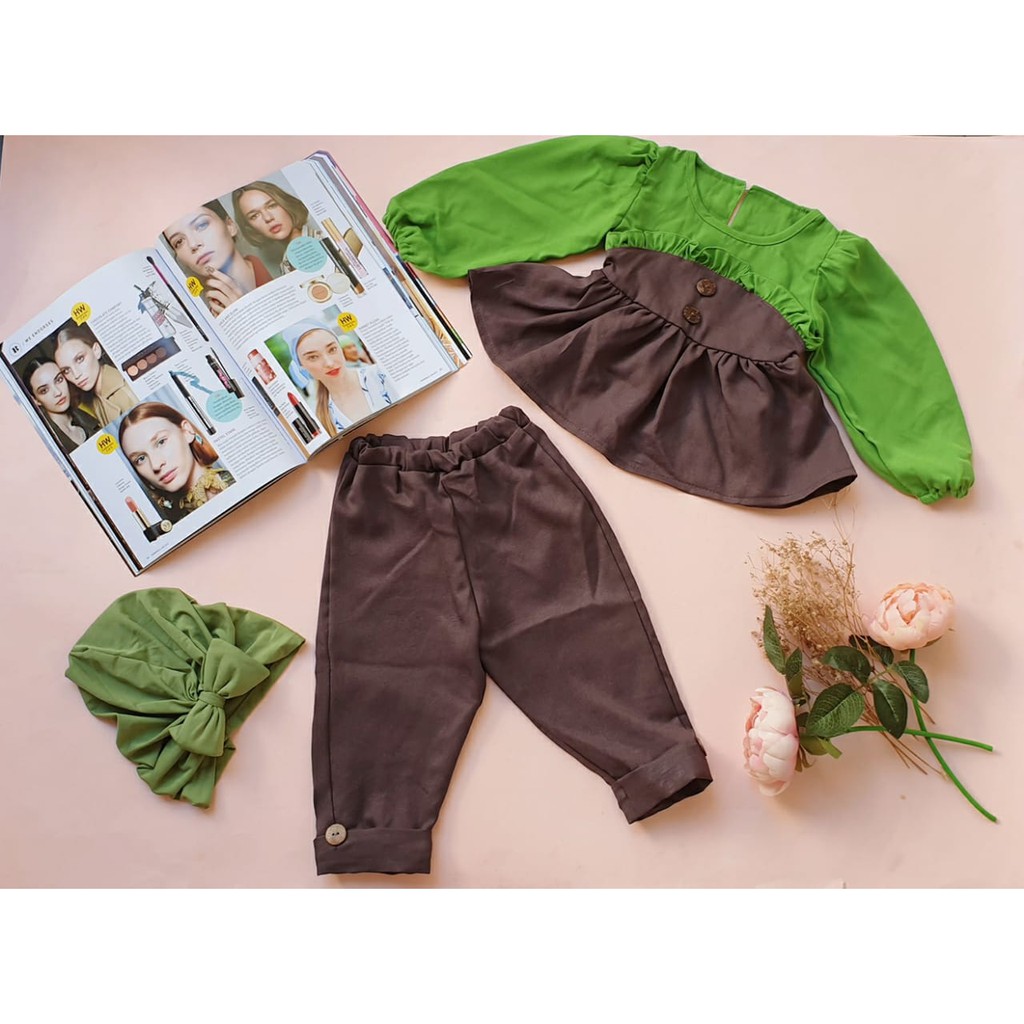 1 set gamis raya Hijau Coklat Tua ( atasan + celana + turban)