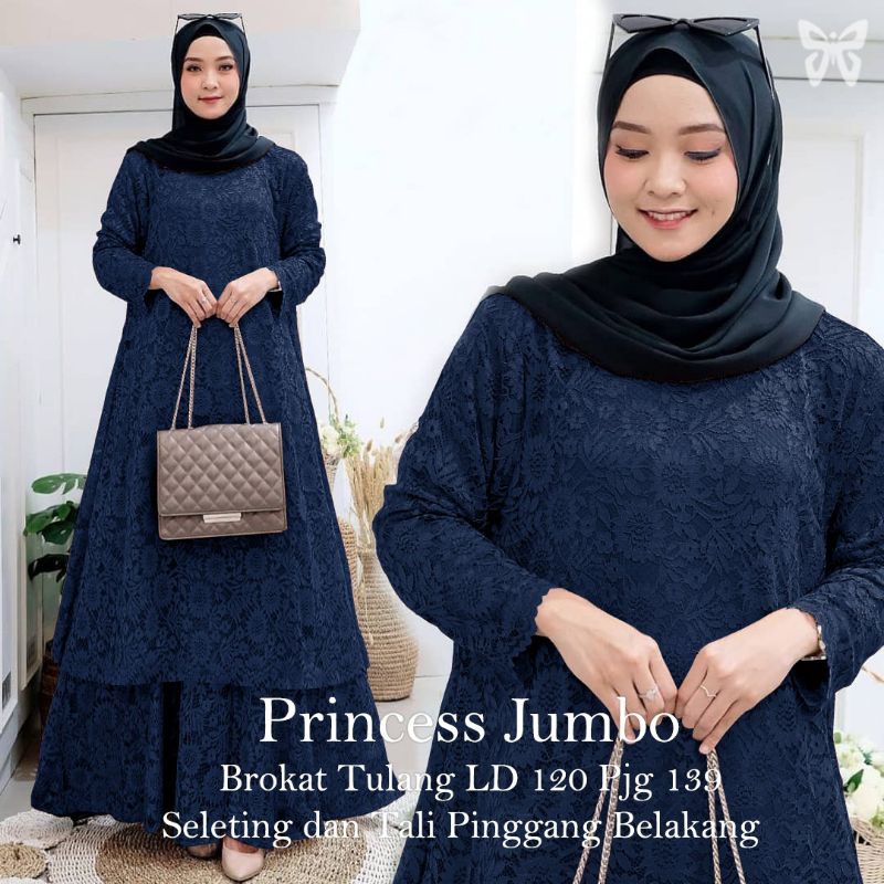 ELDE 5 - Princess Gamis Maxi JUMBO ( L - XL - XXL - XXXL ) Brukat tulang import lapis furing , seleting belakang , ada tali pinggang