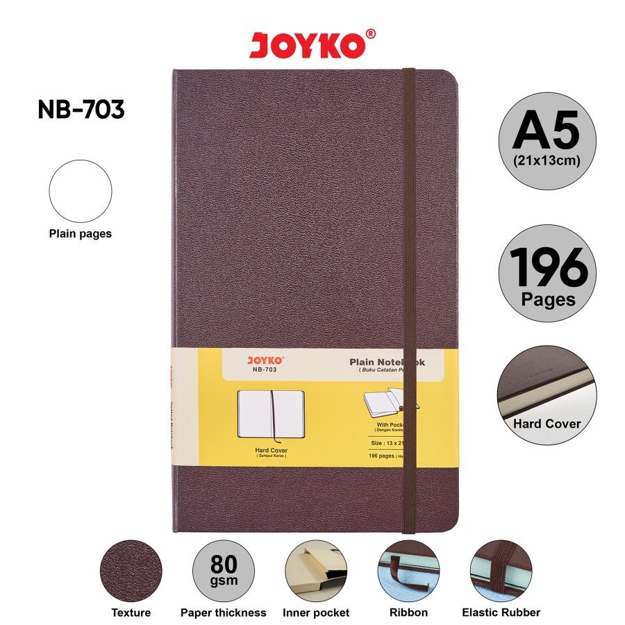 PLAIN HARDCOVER NOTEBOOK A5 | POCKET | JOYKO NB-703 | DIARY | BUKU CATATAN POLOS | 196 hal | 80 gsm-COKLAT