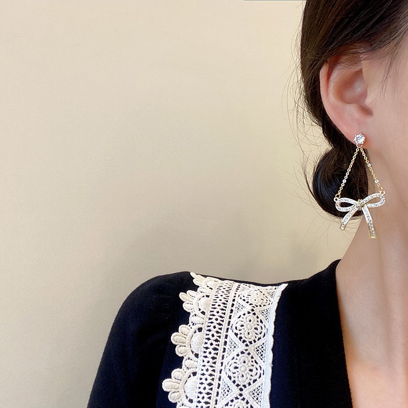 Anting Tusuk Gantung Sterling Silver 925 Desain Pita Hias Zircon Berkilau Untuk Wanita