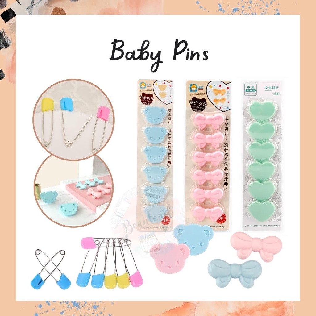 Safety Baby Pins Pin / Peniti Penjepit Pengencang Kain Baju / Popok / Serbet Bayi Cewek Cowok Aman Tidak Mudah Terbuka Stainless Steel Mini / Jumbo Murah Premium Serbaguna Model Pita Hati Bear Lucu Kemiti Pengaman Warna Warni