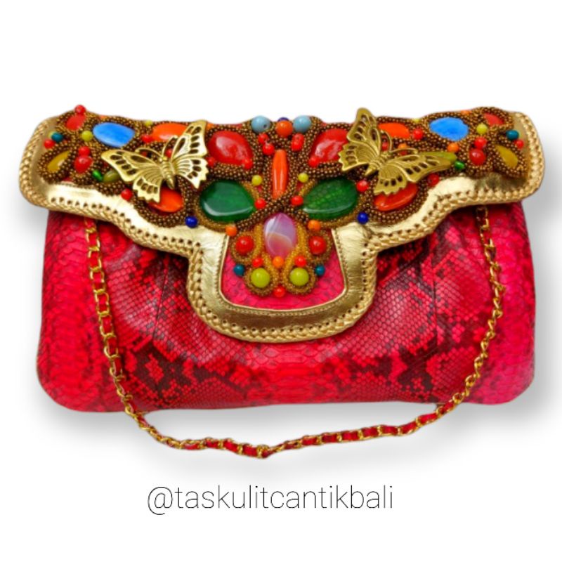Clutch Pesta Raisa Size XL Warna Merah Motif - Clutch Model Kipas Asli Tas Kulit Ular Piton