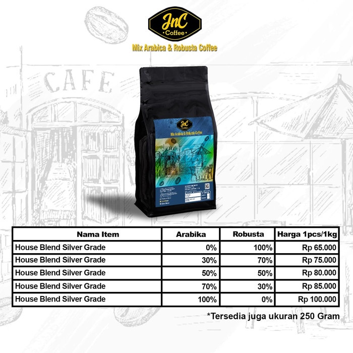 

Kopi-Biji- Jnc House Blend Silver 1 Kg 30% Arabica 70% Kopi Biji Robusta - Biji Sangrai -Biji-Kopi