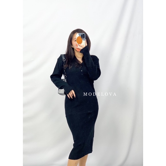 MDLV ~ Dress Monica Rajut Dres Rajut Bodycon Long Dress Lengan Panjang Fashion Wanita