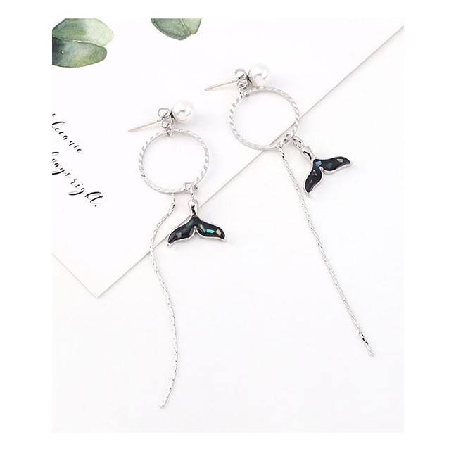 LRC Anting Tusuk Fashion Pearl Tassel Circle Tail Fin Earrings Y63124