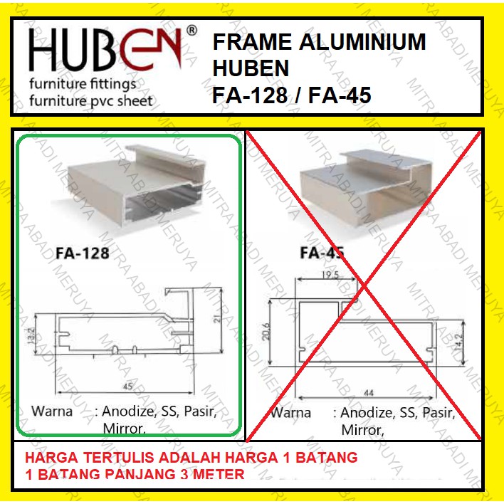 Profil Frame Handle Alumunium Aluminium HUBEN FA 128 FA128 FA-128