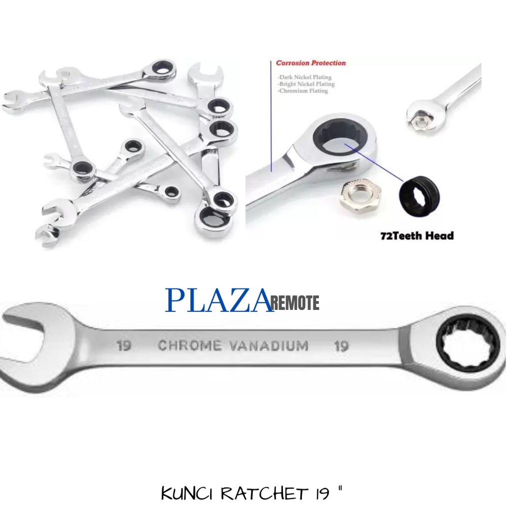 KUNCI RING PAS RATCHET 2IN1 BOLAK BALIK PANJANG 19 MM