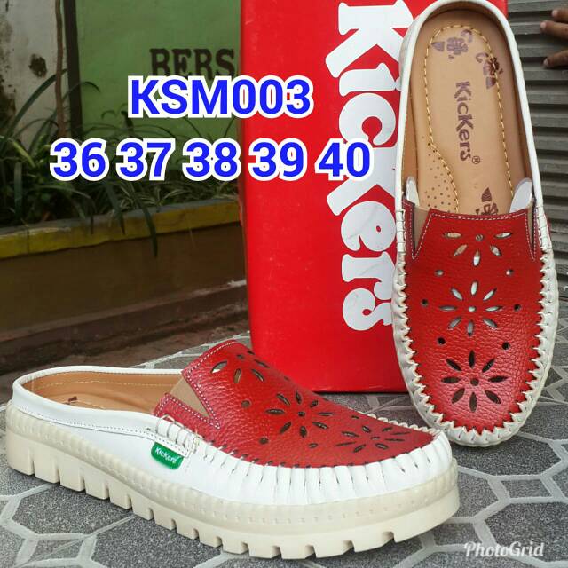 Sandal slop kickers kulit cewek putih merah