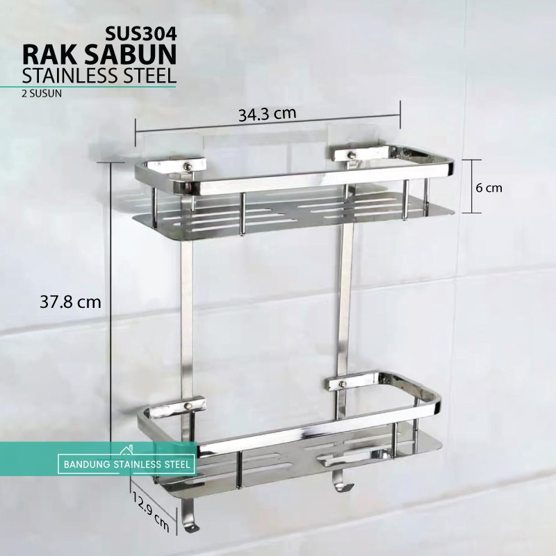 sus 304 rak sabun persegi 2 susun kamar mandi tempat shampo serbaguna stainless steel dinding