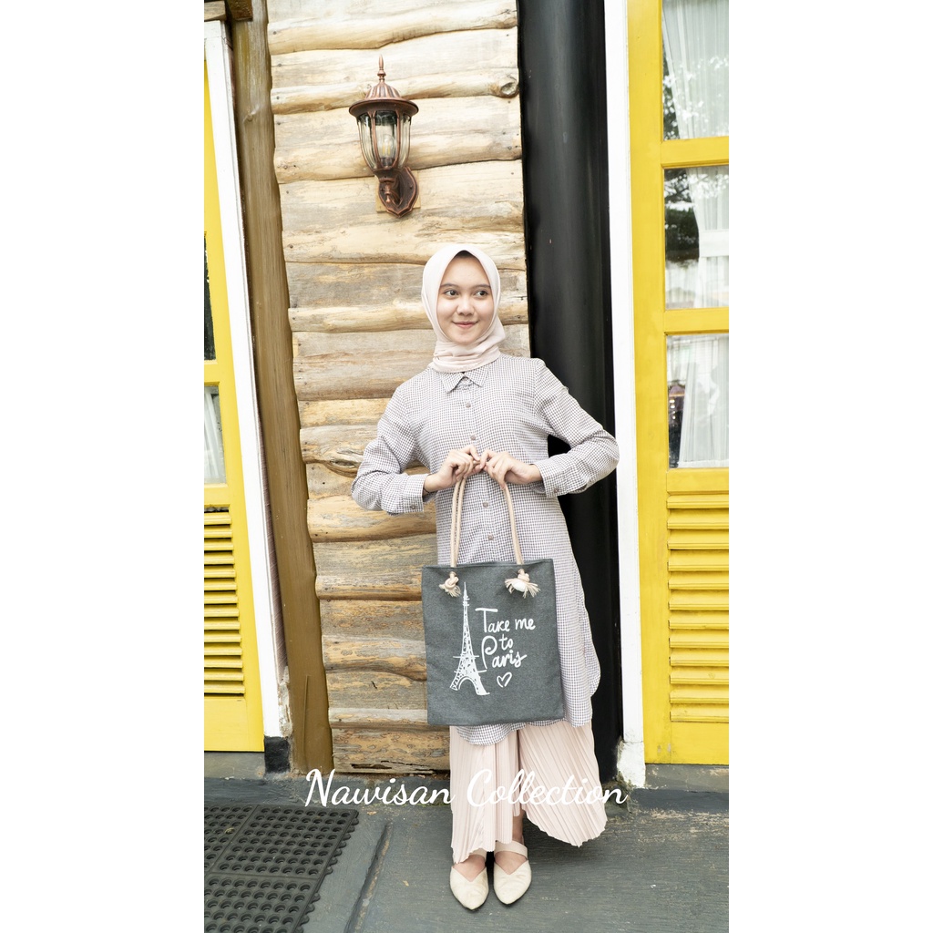 premium tas wanita tote bag canvas motif paris aesthetic tas ngaji resleting tali sumbu murah