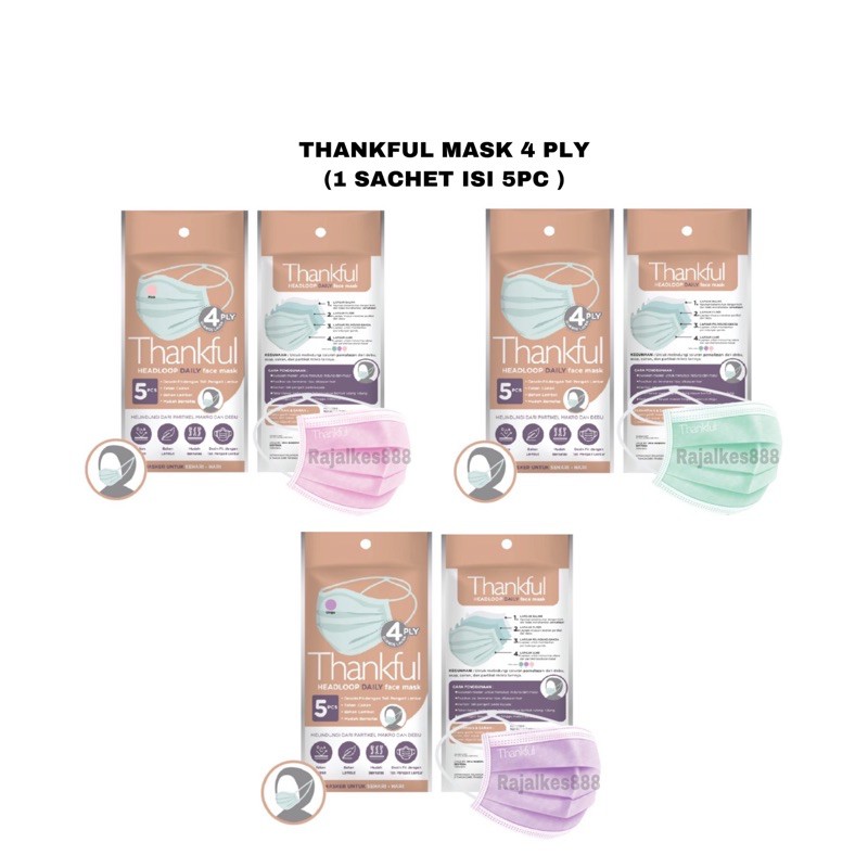 Masker THANKFUL Mask 4 ply Earloop/ Headloop Daily Masker Dewasa Anak Sachet isi 5pc