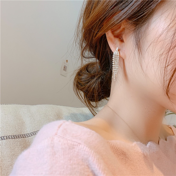 Korea sterling silver jarum berlian mengkilap rumbai anting-anting internet influencer Peri acara an