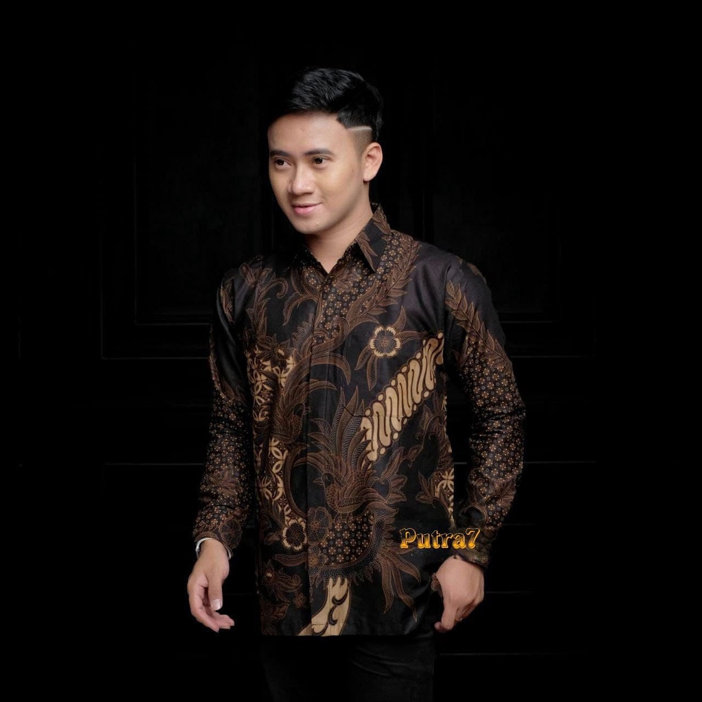 Batik Pria Lengan Panjang BATIK pria kekinian HRB026 motif KERATONAN Kode 002 size M L XL XXL 3L 4L 5L 6L Reguler-KMJ MAHESA HITAM