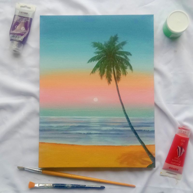 Lukisan Kanvas Asli Tangan Aesthetic Senja Laut Lukisan dinding Dekorasi Hiasan Pajangan Dinding No 