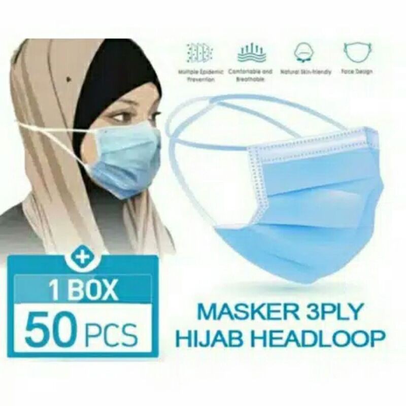 MASKER HIJAB DISPOSABLE 3 PLAY HEADLOOP/1 BOX ISI 50 PCS