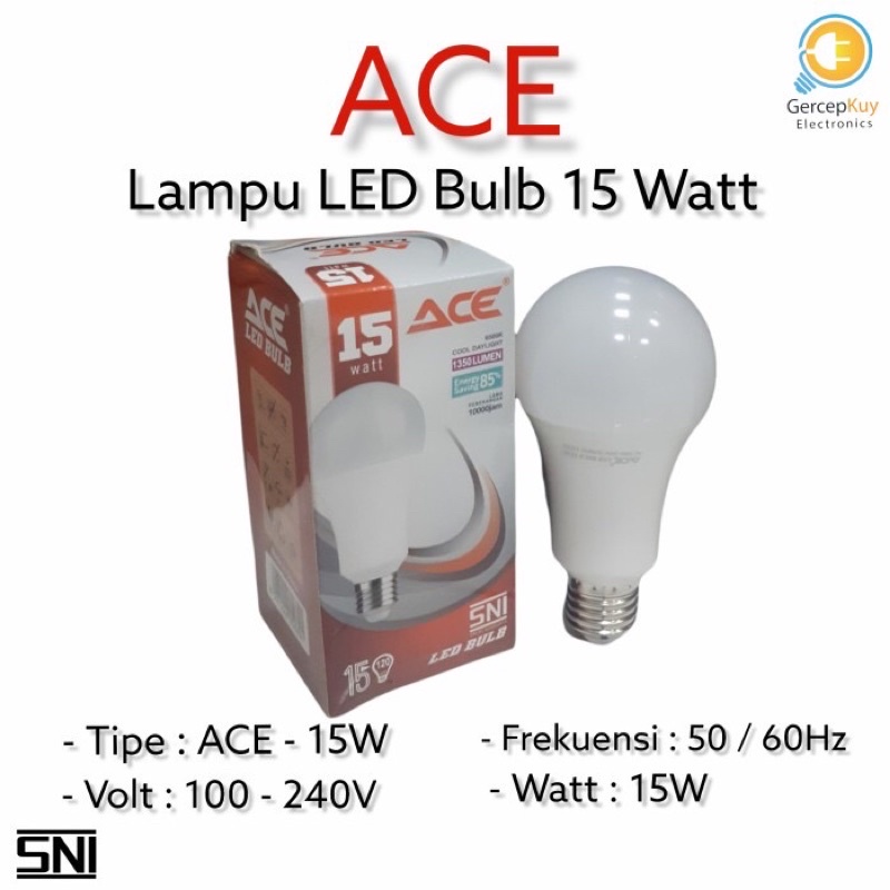Lampu LED Bulb ACE Putih 15W / 15Watt Putih Garansi E27
