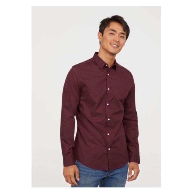 kemeja H&M Easy Iron Slim Fit Shirt Original maroon