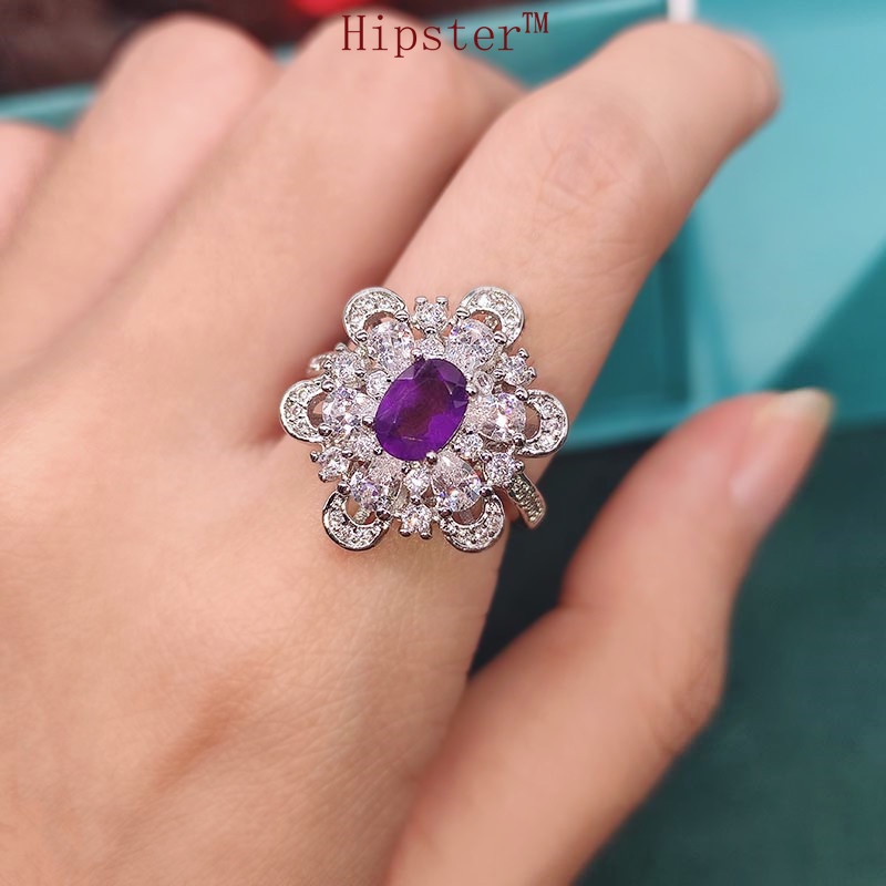 New Luxury Blue Topaz Ring Natural Amethyst Open Women