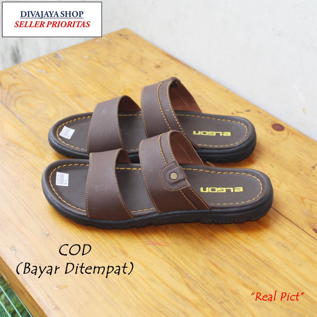 Sandal Elgon Tali Dua Semi Kulit/Sandal Selop Fashion Pria - Coklat