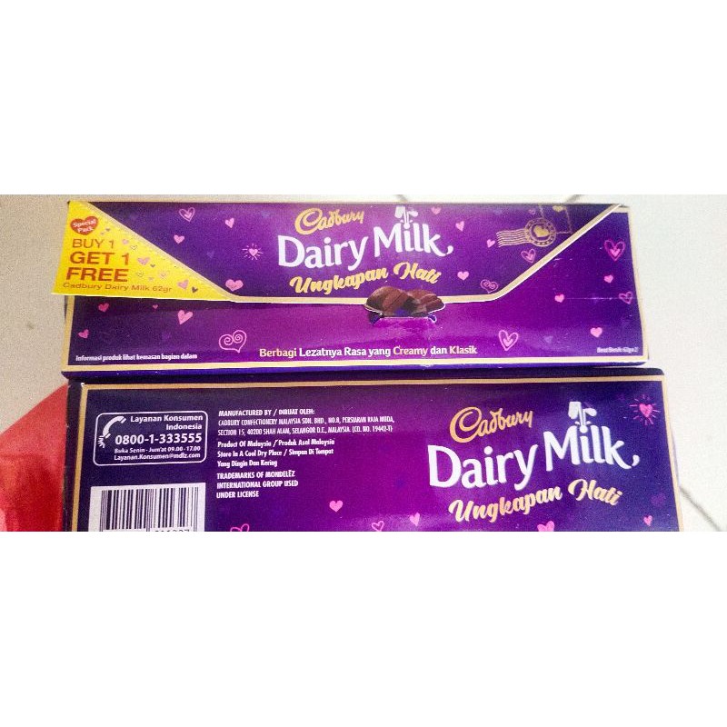 Cadbury Coklat Dairy Milk 62 gram, By 1 Get 1