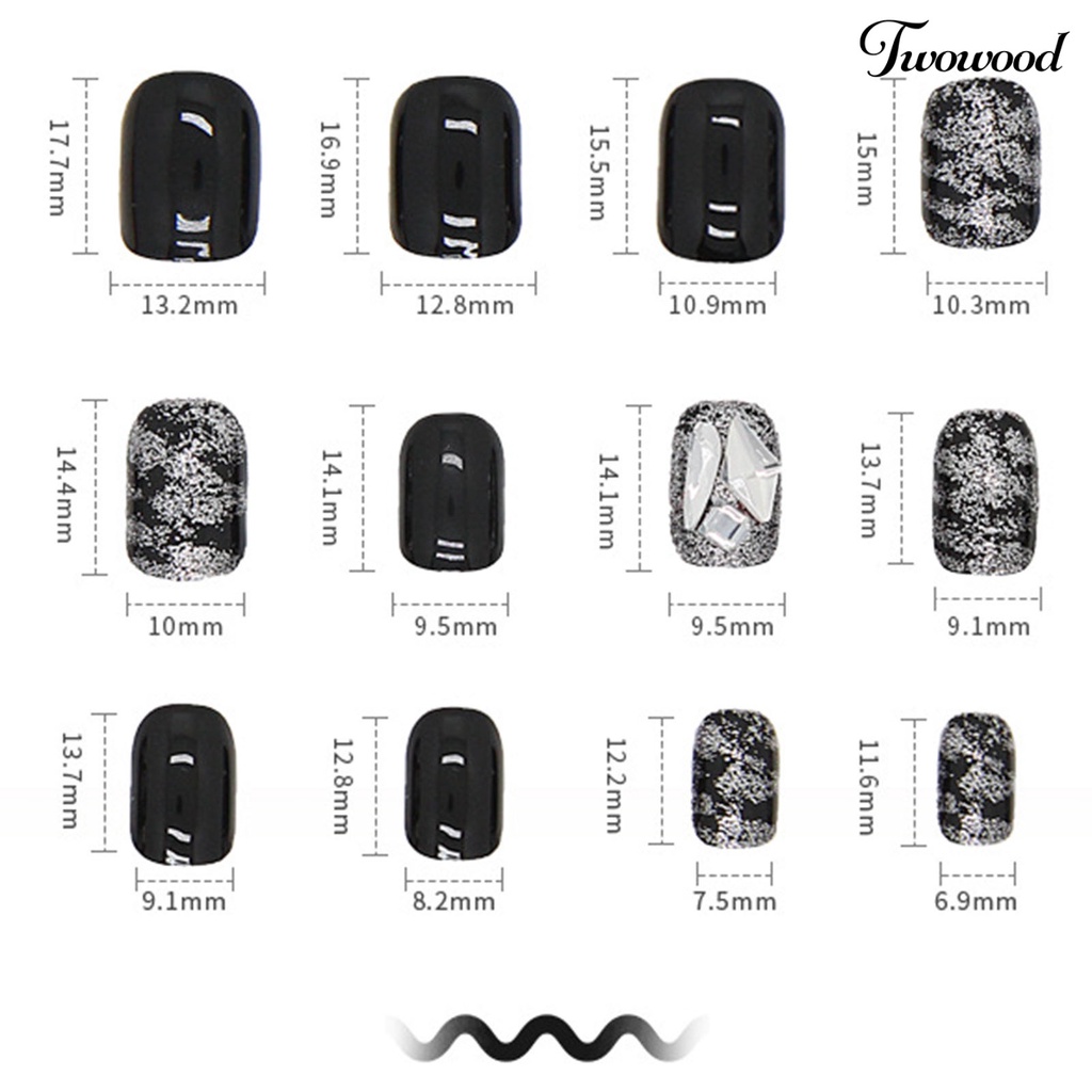 Twowood 24Pcs / Kotak Kuku Palsu Bahan ABS Warna Hitam / Silver Untuk Nail Art