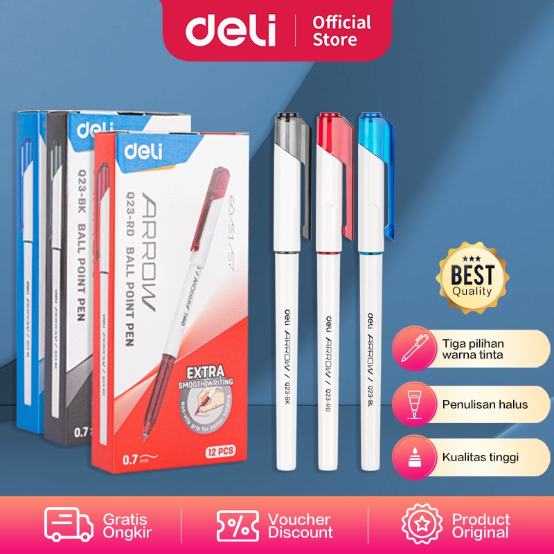 

Deli Ballpoint Pen / Bolpoin Pulpen 0.7mm Tinta Hitam Biru Merah Isi 12 pcs Penulisan Halus EQ23
