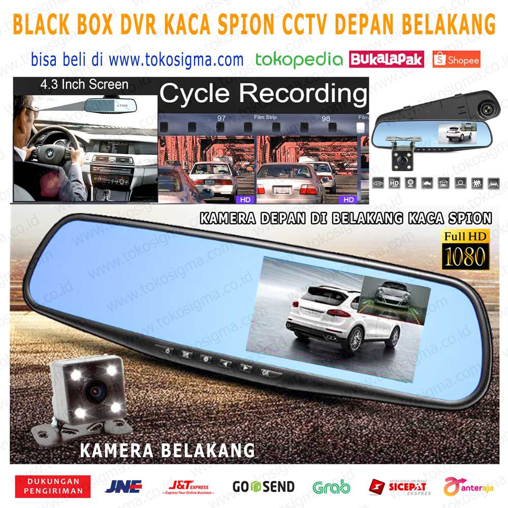 BLACK BOX DVR KACA SPION MOBIL KAMERA DEPAN BELAKANG CCTV 1080P 4.3 in